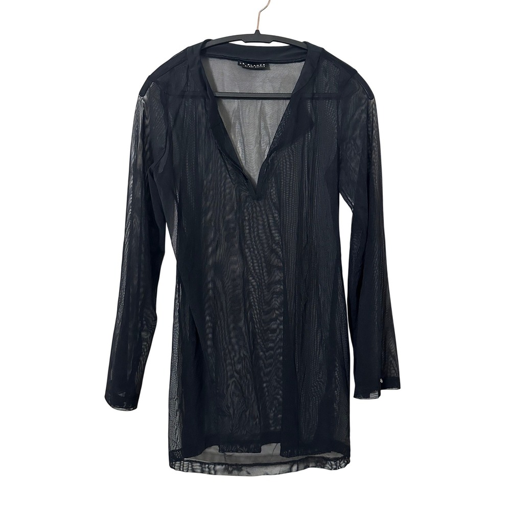 La Blanca by Rod Beattie Black Mesh Sheer Swim Cover Up Dress Long Sleeve V-Neck